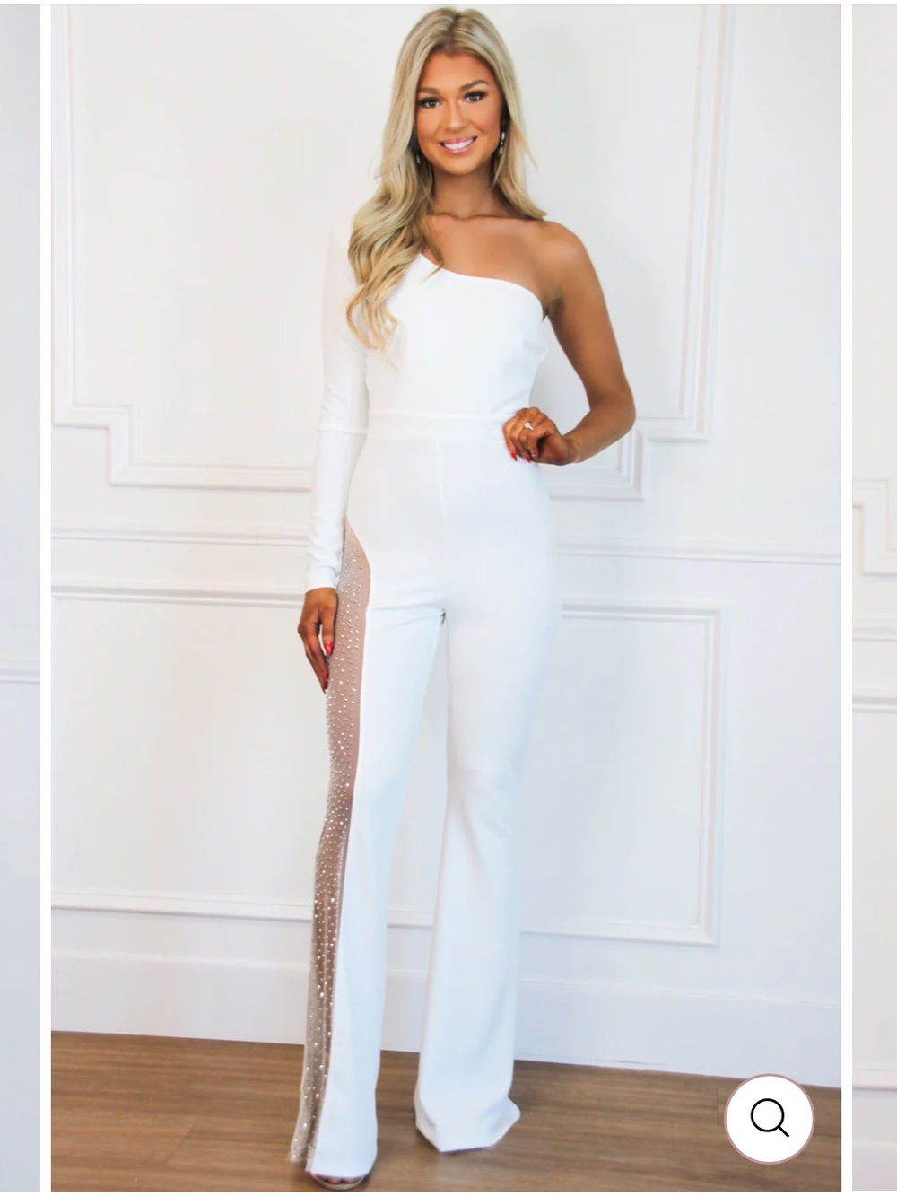 Bella & Bloom Boutique: White One-Shoulder Jumpsuit with Rhinestone Side Panel